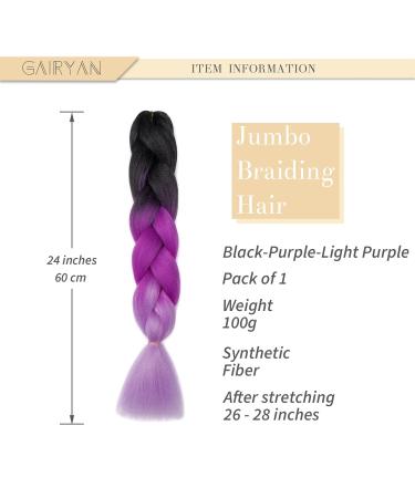 Gairyan Jumbo Braids Extensions - 100g Ombre Synthetic Braiding Hair 60cm for Box Crochet Braids (Black Purple & Lila) - 1 Piece - Buy Online on GoSupps.com