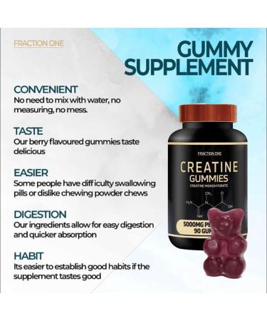 Creatine Monohydrate Gummies 5000mg - 90 Chewable Vegan Chews - Berry Flavoured Pre Workout Supplement - 45 Days Supply for Men & Women - Buy Online on GoSupps.com