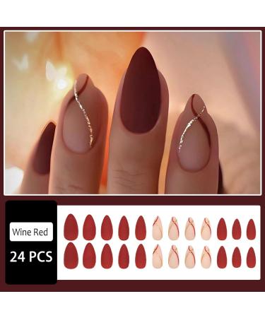 24 Pcs Short Almond Press on Nails - Solid Burgundy Medium Fake Nails with Gold Glitter Stripe | Reusable Acrylic False Nails Kit for Women | Nail Glue & Mini Nail File Included - Buy Online on GoSupps.com