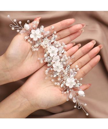 Vakkery Bride Flower Wedding Hair Vine Silver Pearl Headpieces Crystal Bridal Hair Accessories for Women and Girls