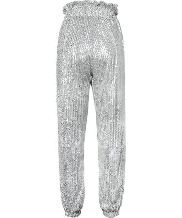 Duohropke Women's Sequin Pants - High Waist Glitter Party Pants Elegant Stretch Leisure Trousers - Silver - Buy Online on GoSupps.com