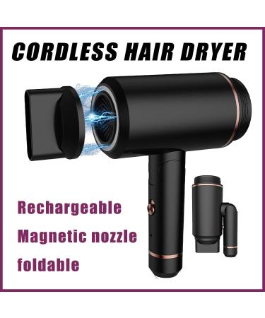 Compact Folding Handle Cordless Hair Dryer Rechargeable Travel Hairdryer with Hot and Cold Air 1 Nozzle 2 Heat Settings for Family Women and Men Black - Buy Online on GoSupps.com