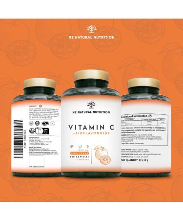 VITAMINE C 1000 mg DOSE LEV E + Bioflavono des - Vegan Puissant Vitamin C Pure - Antioxydant R duit la Fatigue Renforcement les D fenses - Acide Ascorbique 180 Capsules N2 Natural Nutrition - Buy Online on GoSupps.com