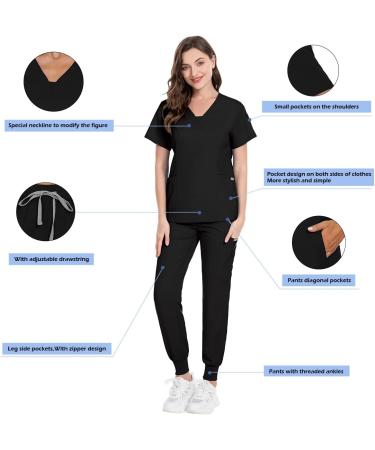 Black Small Niaahinn Scrub Suit Set for Women V-neck Modern Medical Nursing Uniforms - Buy Online on GoSupps.com