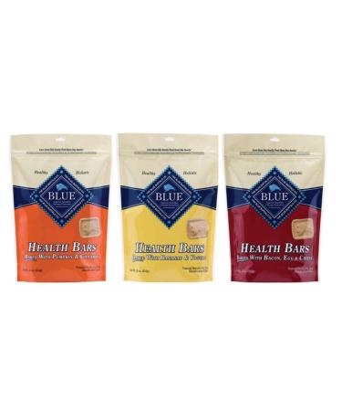 Blue Buffalo Blue Health Bars Natural Baked Dog Biscuits 3 Flavor Variety Bundle: (1) Blue Health Bars Baked With Pumpkin & Cinnamon (1) Blue Health Bars Baked With Bananas & Yogurt and (1) Blue Health Bars Baked With Bacon Egg & Cheese 16 Oz. Ea. (3 Bags