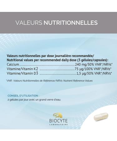 BIOCYTE Calcium Liposomal - Dietary Supplement Bone Calcemia Protection of Micro-Encapsulated Active Ingredients - Calcium Vitamin D3 Vitamin K2 -MK7-60 Capsules - 20 Day Program - Buy Online on GoSupps.com