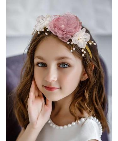 IYOU Girls Princess Headband Pink Flower Hair Bands Pearls Birthday Wedding Communion Hair Accessories for Kids