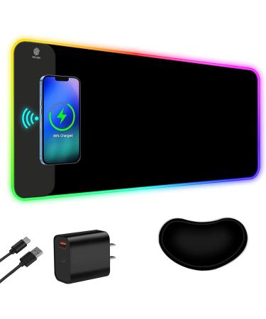 ToLuLu Wireless Charging RGB Gaming Mouse Pad, 15W LED Mouse Mat with 30W Charger, 14 Light Modes Large Mousepad Wrist Support, Non-Slip Rubber Base Desk Mat Computer PC Keyboard Pad XXL, Cool Black