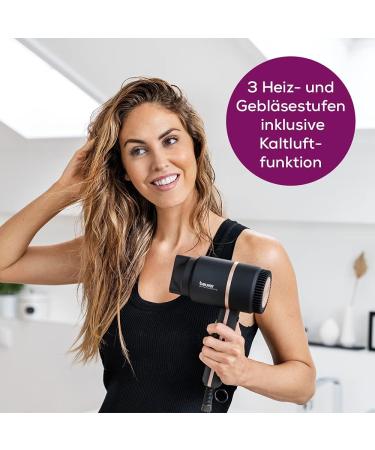 Beurer HC 35 Compact Hair Dryer - 1600-2000 Watts Ion Function for Shiny Hair Includes Styling Nozzle Black/Ros - International Shipping Available - Buy Online on GoSupps.com