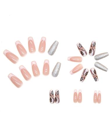 24pcs Glitter Silver Square False Short French Tip Press on Nails with Leaf Patterns - Removable Glue-on Full Cover Fake Nails for Women and Girls - Nail Art Accessories - Buy Online on GoSupps.com