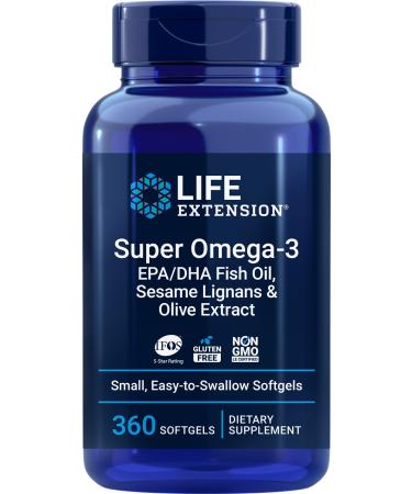Life Extension Super Omega-3 360 Softgels Easy to Swallow EPA/DHA Omega3 Fish Oil Sesame Lignans & Olive Extract