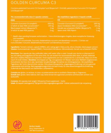  Perfect Health Perfect Health - Turmeric Capsules with Black Pepper - Curcumin C3 Complex 500 mg - 278x Better Absorption - For Heart Liver Joints and Digestion - 30 Vegetarian Tablets - Buy Online on GoSupps.com