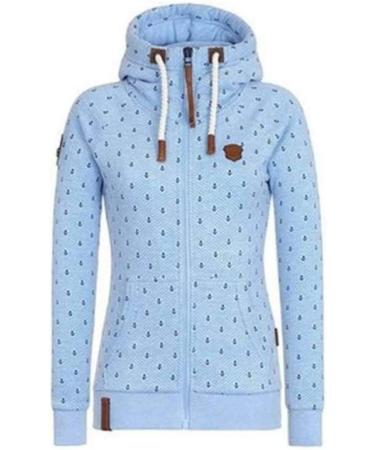 Bigfanshu Womens Hooded Sweatshirts Flocking Thicken Print Jackets Tracksuits Zipper Female Sportswear Light Blue - Buy Online on GoSupps.com