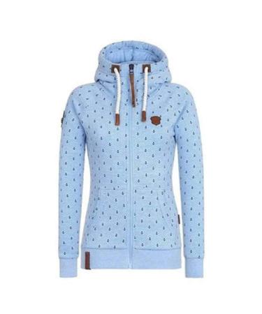 Bigfanshu Womens Hooded Sweatshirts Flocking Thicken Print Jackets Tracksuits Zipper Female Sportswear Light Blue
