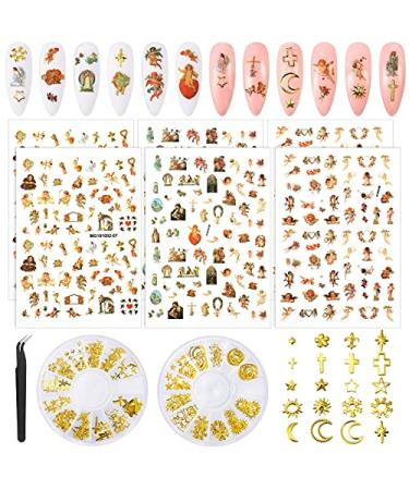 ChuYe 6 Sheets Angel Pattern Nail Stickers & 2 Boxes 3D Nail Art Metal Charms Baby Angel Nail Art Stickers Self-Adhesive Nail Decals Gold Metal Nail Studs Punk Star Cross Moon Gem Nail Art Jewel
