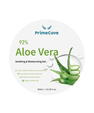 PrimeCove - 92% Aloe Vera Gel (300ml) | Soothing & Cooling | For Hair Face & Body | Fast-Absorbing Moisturiser | Skin-Firming & Protective | All Skin Types