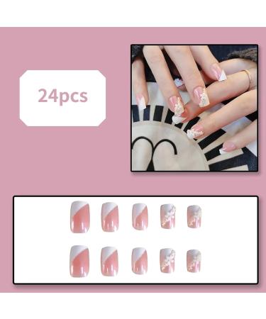Splicing Flower French Press on Nails with Sequins Charms - Fake Nails for Women | Full Cover Coffin Spring Summer - Buy Online on GoSupps.com