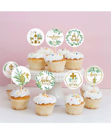 Daimay 32PCS Baby Shower Cupcake Toppers Greenery Baptism Cupcake Picks Floral Leaves God Bless Cross Cupcake Picks Gender Reveal Cake Topper Woodland Jungle Safari Theme Cupcakes Decor - Buy Online on GoSupps.com