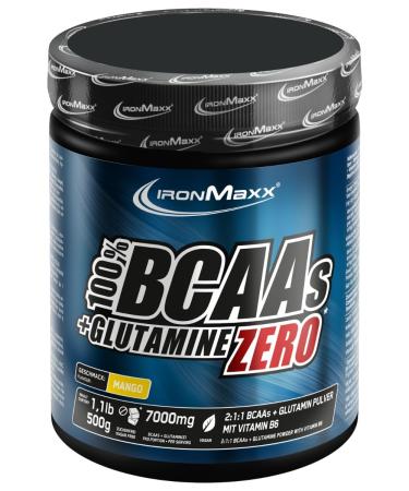 Ironmaxx 100% BCAAS + GLUTAMINE ZERO - Mango 500g |Veganes and sugar -free amino acids powder with vitamin B6 |6000 mg BCAA's and 1000 mg glutamine per portion
