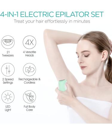 VOGOE 4-in-1 Rechargeable Epilator for Women - Cordless Hair Removal with 2 Speeds and 21 Tweezers - Ideal for Face, Legs, Arms, Armpit, and Bikini Area - Green - Buy Online on GoSupps.com