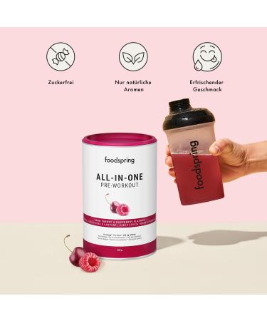 Foodspring All-in-One Pre-Workout Booster | Energy & Focus | 200mg Caffeine | Sugar-Free | Enxtra Taurine Citrulline B6 B8 Choline Ashwagandha | 350g Dark Cherry - Buy Online on GoSupps.com