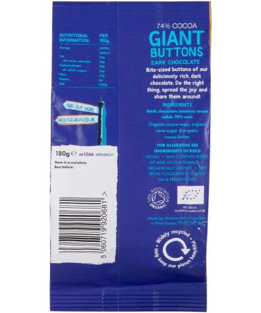 Montezuma's 74% Cocoa Giant Dark Chocolate Buttons Gluten Free & Organic 180g Bag (Pack of 2) - Buy Online on GoSupps.com