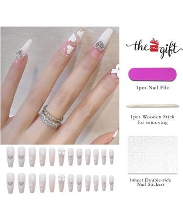 White French Tip Press On Nails with Pearl Heart Design - 24Pcs Acrylic Nude Nail Press On for Women and Girls - Buy Online on GoSupps.com