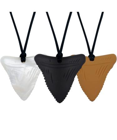 Panny & Mody 3 Pack Shark Tooth Sensory Chew Necklace for Kids Designed for Teething Autism Biting Chewing - Silicone Oral Sensory Chewy Teether Pendant Jewelry for Boys and Girls Black Beige Pearl