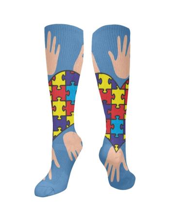 Autism awareness Heart compression socks for women & men circulation 15-20 mmHg is best support for athletic running cycling white one size (10463)