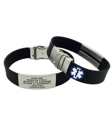 Medical Alert Bracelets for Men - Medical Alert Bracelets for Women - Silicone ID Bracelet Cut to Size - Size from 5.75" - 8.5"