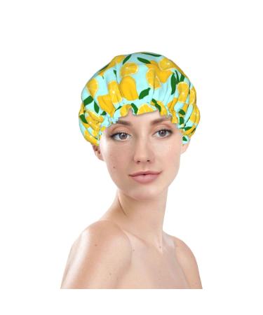 Sky Blue Lemon Shower Caps for Women - Reusable Waterproof Hair Cap with Double Protection Layers - Buy Online on GoSupps.com
