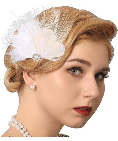 GENBREE White Feather Hair Clip - 1920s Flapper Headpiece with Crystal Gatsby Detail - Prom Party Headband for Women - Buy Online on GoSupps.com