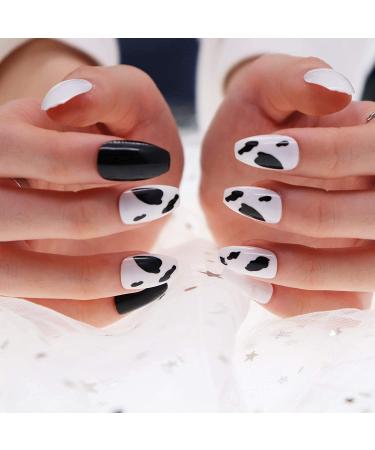 MISUD 24Pcs Medium Coffin False Nails - Fashion Ballerina Black White Cow Press on Nails for Women - Glossy Acrylic Nails - Buy Online on GoSupps.com