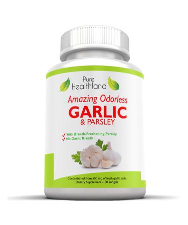 Odorless Garlic & Parsley Supplement Softgels Concentrated from Fresh Garlic Bulbs Allium Sativum for Men & Women 100 Count (Pack of 1)