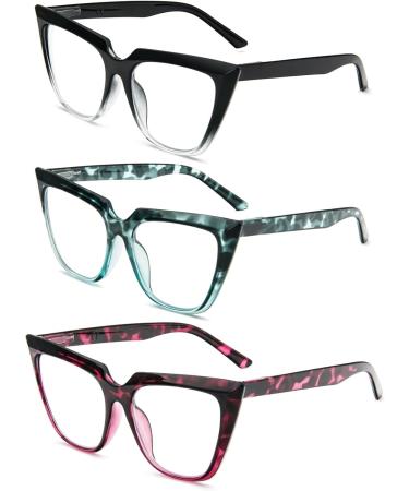 Cat Eye Reading Glasses for Women - Oversized Blue Light Blocking Computer Readers (3 Pack) - Stylish +3.0 - Black Clear/Tortoiseshell Blue/Tortoiseshell Pink - Buy Online on GoSupps.com