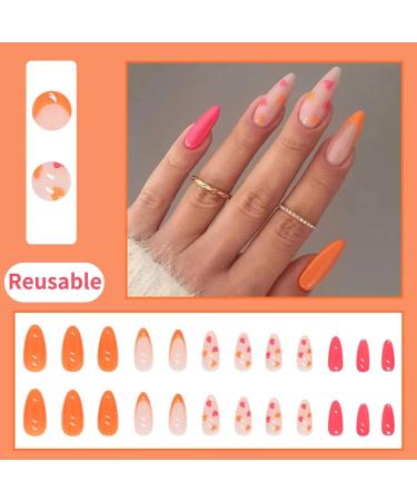 Runrayay Red & Orange French Press On Nails - Almond Shape Love Design for Women & Girls | Full Cover Nude Nail Tips - Buy Online on GoSupps.com