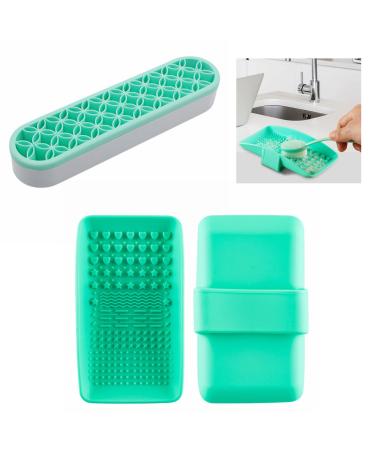 Portable Textured Brush Cleaner Cleansing Palette Silicone Mat with Brush Holder Set Washing Tool Brush Scrubber for Removing Oil & Impurities from Brush Bristles Mess Free Cruelty Free Green