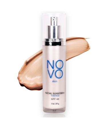 NOVO skin Tinted Moisturizer - SPF 46 - 2.0 fl oz - Primer + Broad Spectrum Face Sunscreen - Adds instant Glow - Filters Blue light - Hyaluronic acid + Niacinamide. Lightweight  Scentless  Non greasy & Oil Free.