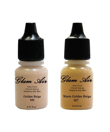(2) Two Glam Air Airbrush Makeup Foundations M6 Golden Beige & M7 Warm Golden Beige for Flawless Looking Skin Matte Finish For Normal to Oily Skin (Water Based)0.25oz Bottles