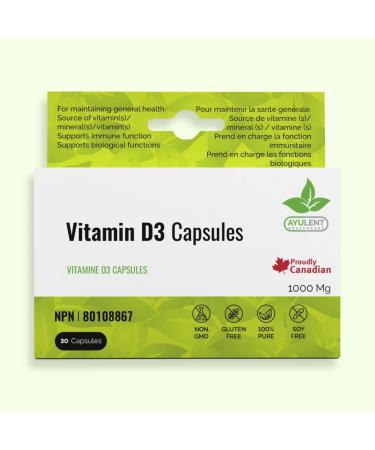 Ayulent Vitamin D3 1000IU Capsules for strong bones and immunity| 100% Vegan Non-GMO Capsules | Contains Vitamin D that helps improve skin & hair problems in addition to overall health benefits.| For Adults 30 capsules (Pack of 1)