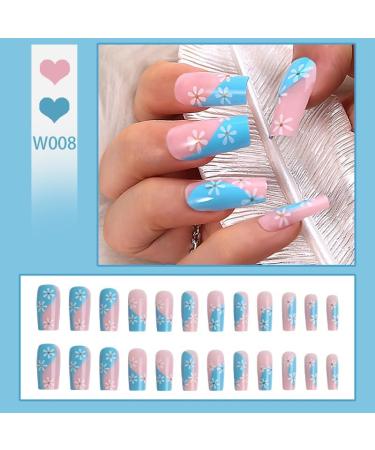 24Pcs/Set Press On Nails Spring Summer Blue Crushed Flower Long False Nails Acrylic Fake Nails Full Cover Nails Tips Artificial Finger Manicure Press on nails for Women and Girls - Buy Online on GoSupps.com