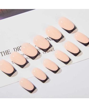 NICENEEDED Medium Length Nude Nails with Black French Tip Square Short Press on Nails Artificial Glossy False Nails with Nail Glue Stickers for Women Girls Daily Wear - Buy Online on GoSupps.com