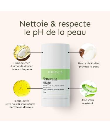 Stick Nettoyant Visage | Note Yuka 100/100 | Tous Types de Peaux | Respecte le pH de la Peau | Huiles de Coco et Amande Douce - Aloe Vera Bio - Beurre de Karit | Made in France | Terravita - Buy Online on GoSupps.com