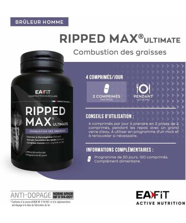 EAFIT - Ripped Max Ultimate - Burn activ powerful sports fat burner - Complete formula-plant-vitamin-minerals (zinc chrome) - Coffeine and vitamin b6 for energy - 120tablets - Buy Online on GoSupps.com
