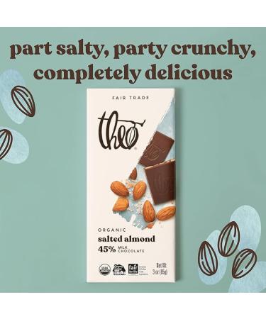 Theo Chocolate Salted Almond Organic Milk Chocolate Bar, 45% Cacao, 12 Pack | Fair Trade - Buy Online on GoSupps.com