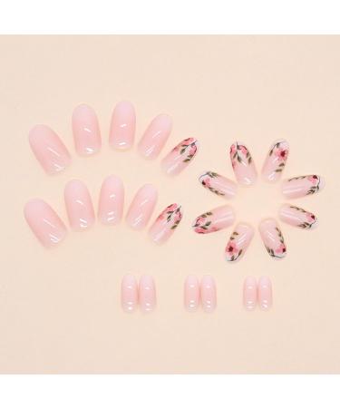 24Pcs Almond Flower Press on Nails - Short French Tip Fake Nails - Glossy Nude Pink False Nails with Vine Flower Design - Oval Acrylic - Full Cover Glue on Nails for Women and Girls - Buy Online on GoSupps.com
