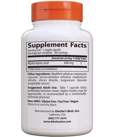 Doctors Best Alpha Lipoic Acid 600 mg - 60 Veggie Caps | Finest Antioxidant Supplement for Optimal Health | International Shipping Available - Buy Online on GoSupps.com