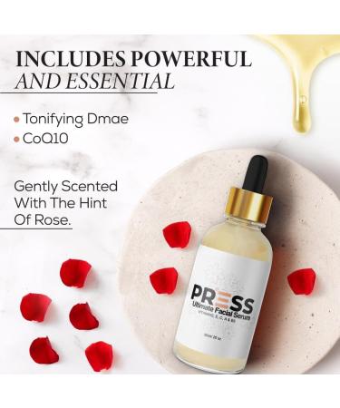 Ultimate Facial Serum for Glowing Skin | PRESS SKINCARE | Anti-Aging Hydrating | Vitamins A C B3 B5 E | Reduces Wrinkles Dark Spots & Fine Lines | 2OZ - Buy Online on GoSupps.com