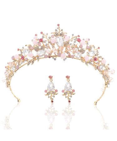 Yean Gold Wedding Crown Bridal Tiaras with Earrings Pink Purple Headband for Women and Girls (Pink)
