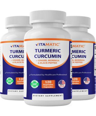 Vitamatic Turmeric Curcumin Supplement (10:1 Equivalent 3000 Per Serving, Made with 95% Curcuminoids, Black Pepper, Ginger, Moringa) 120 Vegetable Capsules, Non-GMO, Gluten Free - 3 Pack
